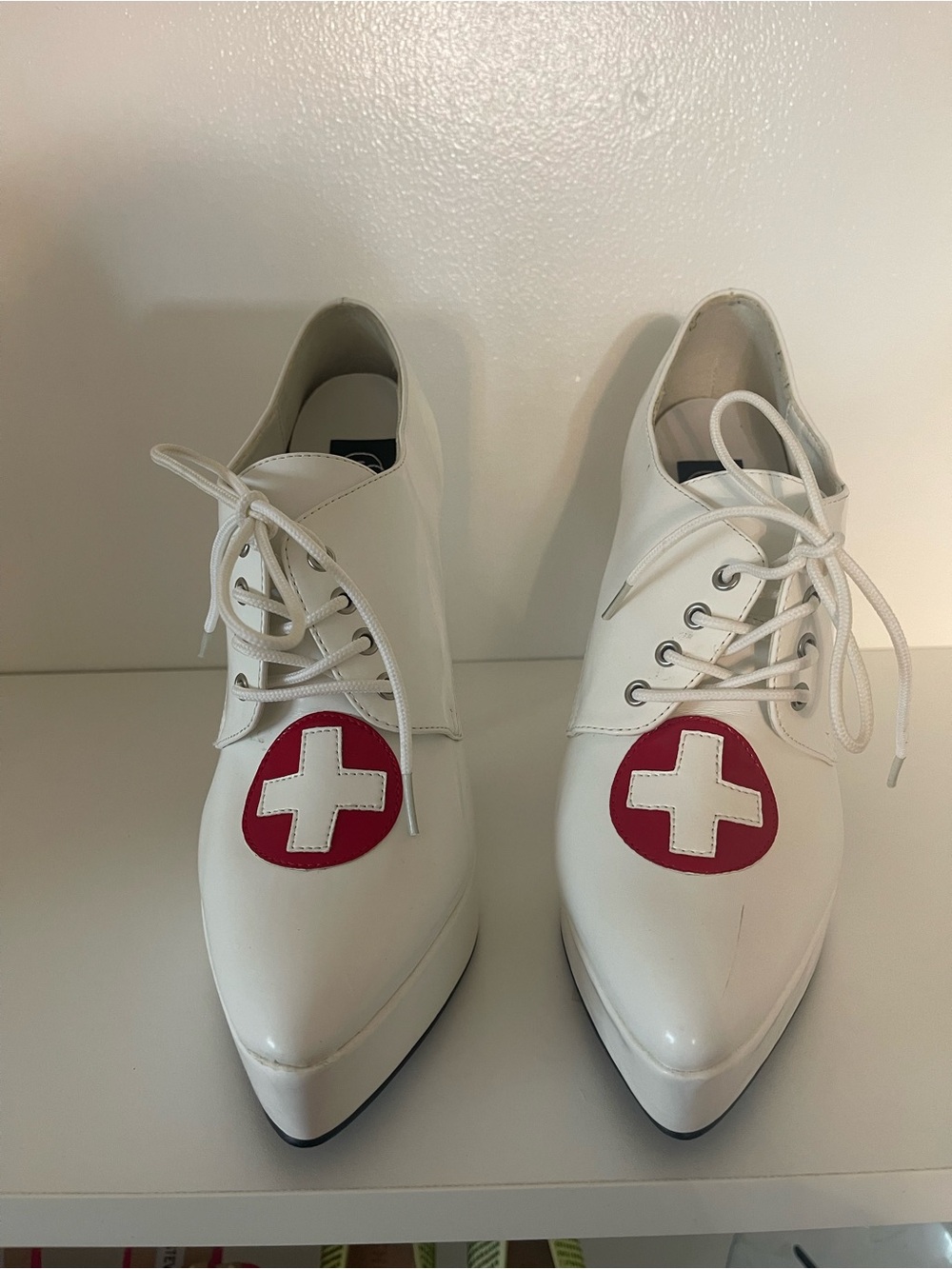 Pleaser White Platform Lace-Up Shoes with Red Cross Detail